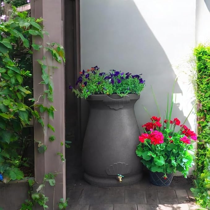 Rain Wizard Decorative Urn Rain Barrel, Durable polyethylene Resin, with Brass Spigot, Flat-Back Design,Perfect for Gardening Any Home (Dark Granite, 65 Gallon)