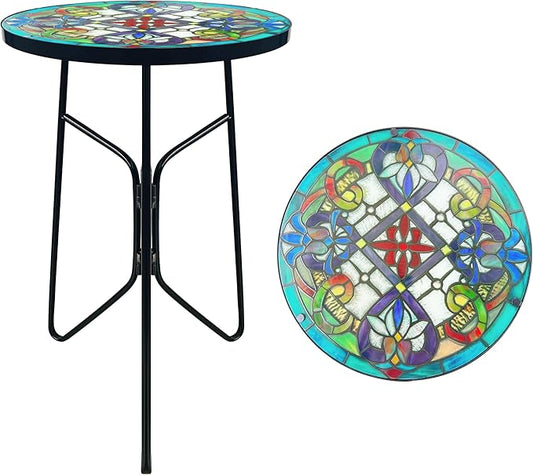 Mosaic Flower Outdoor Side Tea Table, Glass Plant Tables Decorative Metal Patio Table, Round Outdoor Tables Unique Furniture-Weather-Resistant Patio Decor, Valentine's Day Decoration Gift