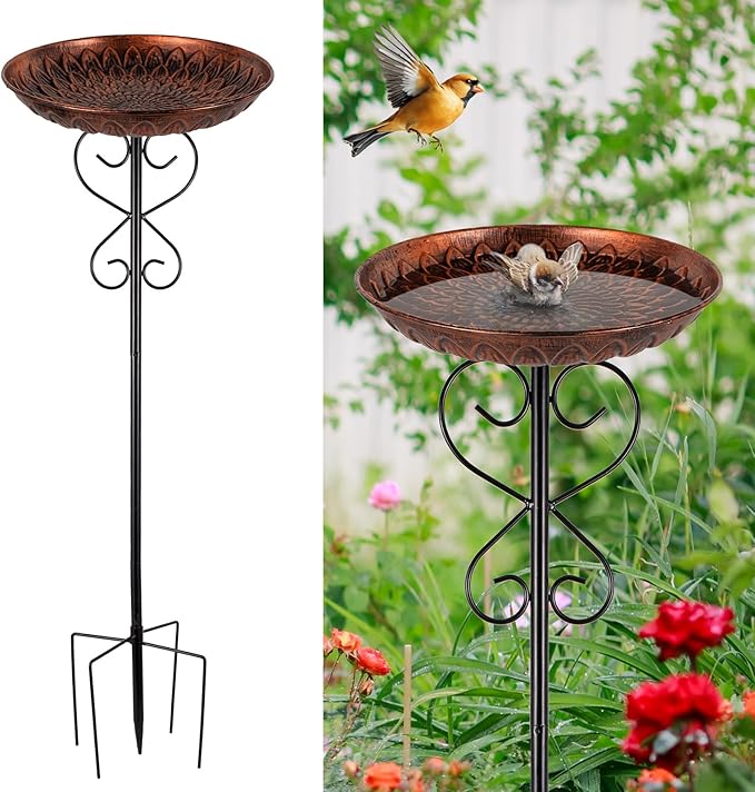 Metal Bird Baths for Outdoors, 38" H Copper Birdbath with 11.4 Inch Bowl, Standing Bird Bath & Bird Feeder with Stake for Outside Garden Patio Yard Lawn Decor