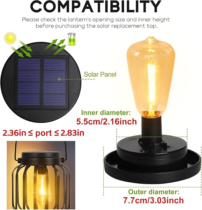 Replacement Solar Light Parts for Lantern: 2.83 inch Waterproof Solar Replacement Top Lights Fit for 2.36 in, 2.42 in, 2.5 in, 2.76 in, 2.83 in Old Lantern Port - Vintage Light Bulbs for Original Lamp