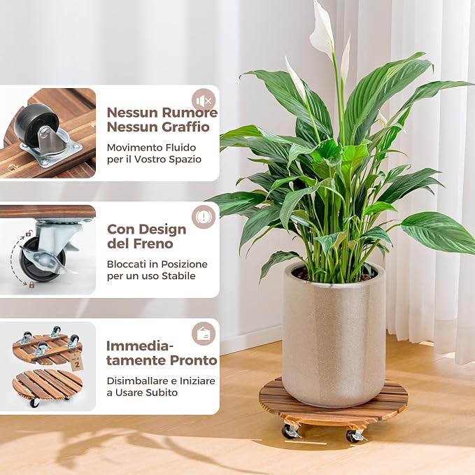 Bamworld Plant Caddy 14 Inch Wood Dolly with Wheels 2 Pack | Heavy-duty plant dollies hold up to 240 lb and use 360-degree locking casters indoors or outdoors.
