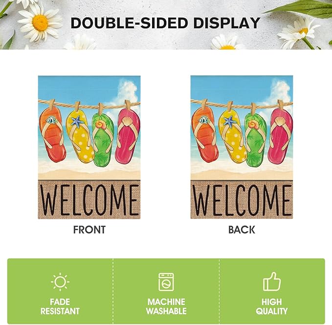 AVOIN colorlife Summer Beach Flip-flop House Flag 28x40 Inch Double Sided, Welcome Seasonal Holiday Burlap Yard Outdoor Decoration