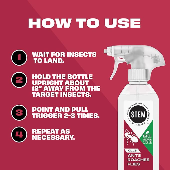 STEM Kills Ants, Roaches and Flies: Plant-Based Active Ingredient Bug Spray, Botanical Insecticide for Indoor and Outdoor Use; 12 fl oz (Pack of 1)