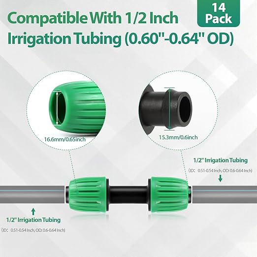 RedChili 14 Pcs 1/2 Inch Irrigation Tubing Coupling Fittings, (1/2" ID x0.6-0.65" OD) 16mm Drip Tubing Barbed Locked Nuts Connectors Anti-Drop 1/2" Coupler Parts for Garden Lawn Irrigation System