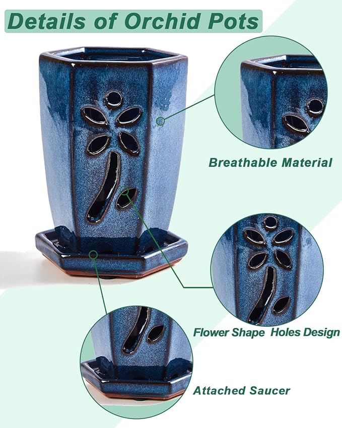 vensovo 4 Inch Ceramic Orchid Pot with Holes and Saucer, 1 Pc Small Hexagon Succulent Planter for Repotting, Garden Flowerpot for Indoor Outdoor Plants, Promotes Air Circulation (Blue)