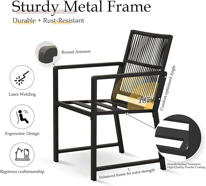Outdoor Patio Wicker Rattan Dining Chairs, Heavy-Duty Wrought Iron Frame Supports 300lbs, Ergonomic Backrest, Detachable Breathable Cushion, for Garden & Porch, Black, Set of 4