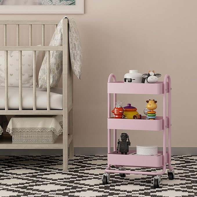 Metal Rolling Cart,3-Tier Pink Rolling Cart with Wheels,Metal Utility Cart with Wheels for Office,Home,Kitchen,Garden（13.4"x18.1"x31"） Pink