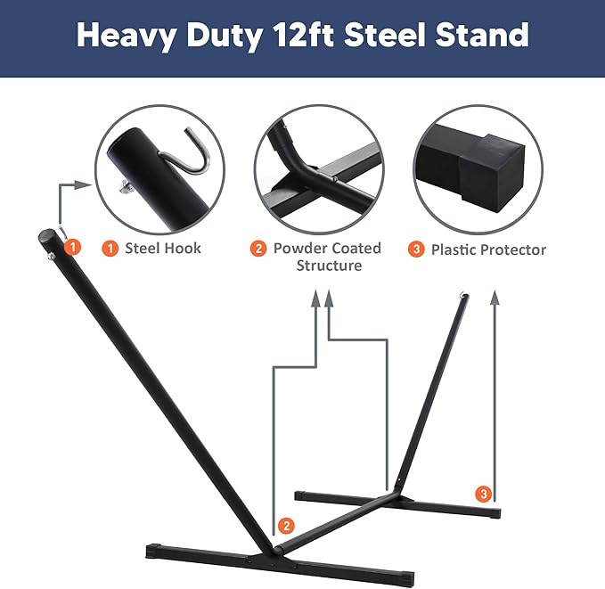 SUNCREAT Portable Outdoor Hammock with Stand, Heavy Duty Hammock with Carrying Bag, Soft Pillow, Balance Ropes, Dark Blue