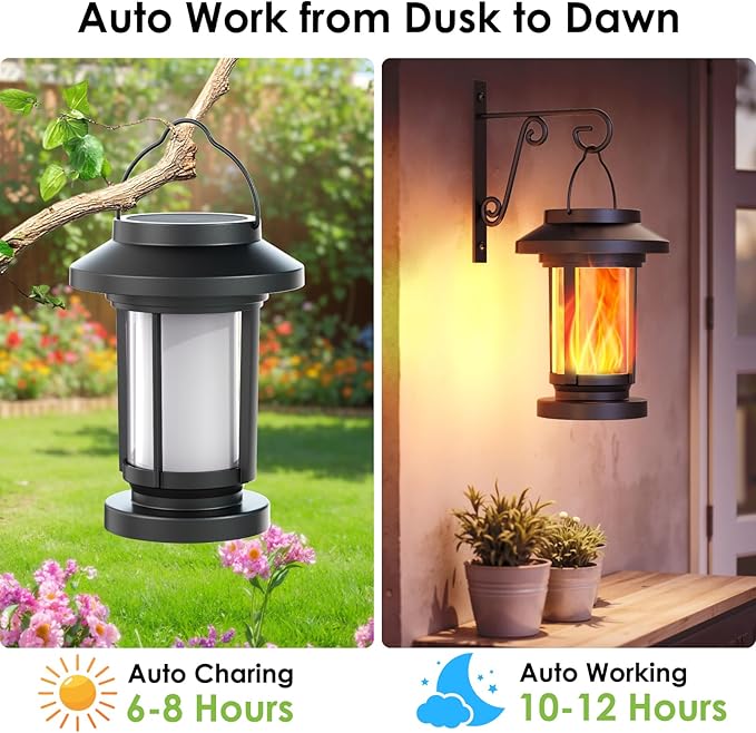 Greluna Solar Lantern Outdoor, Flickering Flameless Solar Lights Hanging Lantern, Waterproof Auto On/Off Decorative Solar Garden Lights for Patio Yard Porch Pathway Camping Decor 2 Pack