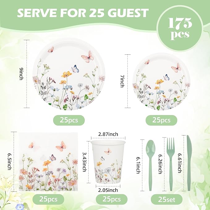 175 Pcs Wildflower Paper Plates and Napkins 25 Guests Spring Summer Floral Arrangements Tableware Party Supplies Set for Mothers Day Baby Shower Wedding Birthday Garden Tea Party