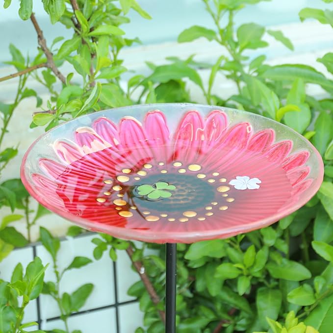 MUMTOP Glass Bird Bath, Garden Outdoor Birdbaths Birdfeeder with Metal Stake Pink Flower
