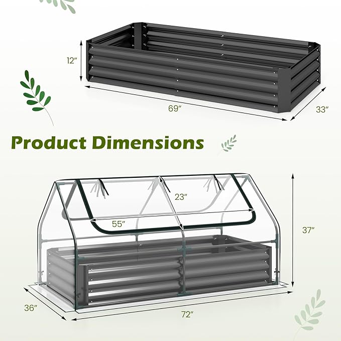 Giantex 3-in-1 Metal Raised Garden Bed with Greenhouse Cover, 6x3x3 FT Metal Elevated Outdoor Planter Box with Roll-Up Windows, Open Base Grow Box for Vegetables, Flowers and Herbs, Black