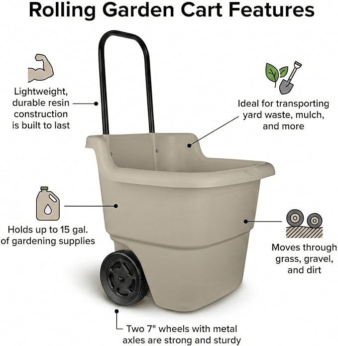 15-Gallon Rolling Garden Cart & Utility Wagon – Lightweight Resin Yard Waste Bin with Telescoping Handle & 7-Inch Wheels – Portable Outdoor Organizer for Lawn, Mulch, Firewood (Beige)