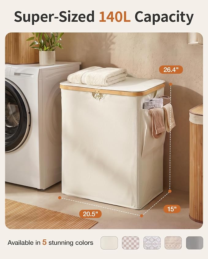MIZATTO 2 Section Laundry Hamper with Lid, 140L Dirty Clothes Hamper | Double Laundry Basket with Bamboo Handles for Laundry Room, Bathroom, Bedroom, Clothes Hamper Dual Laundry Bin