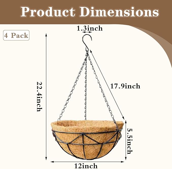 EIMQUVW 4 Pack Hanging Planters with Coconut Liner Metal Outdoor Hanging Baskets with Chains 12 Inch Durable Wire Flower Pots for Porch Garden Spring Summer Decor