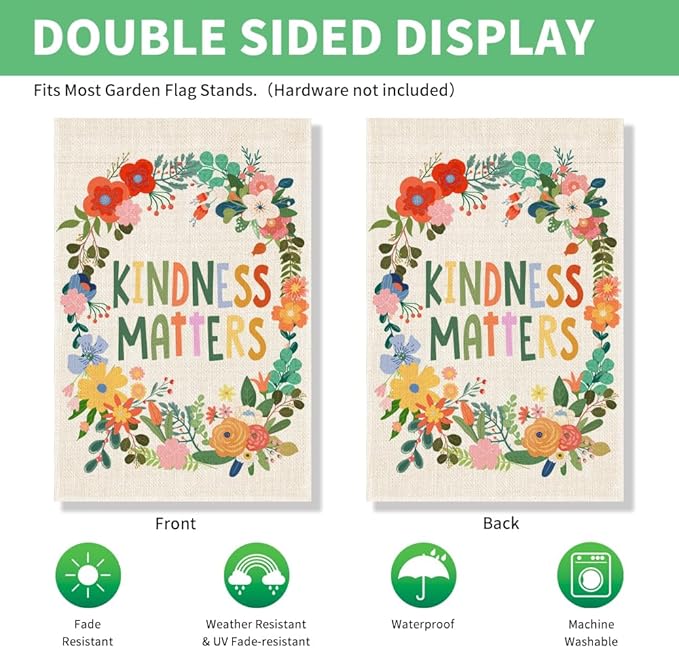 Perfectinsoy Kindness Matters Floral Garden Flag, Flower Yard Banner, Community Progress Welcome Yard Home Holiday Farmhouse Porch Patio Lawn Backyard Outdoors Decor, Equality Inclusion Home Flag