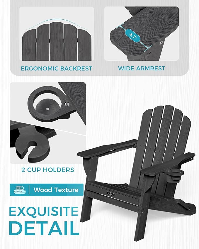Adirondack Chairs Set of 4, Foldable Adirondack Chairs with 2 Cup Holder, Wood Texture HDPE Fire Pit Chairs, Outdoor Lawn Chair for Patio Garden, Black