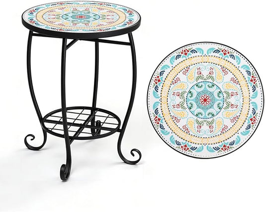 VINGLI Outdoor Side Table for Patio, Small Outdoor Table with Storage Shelf, Heavy Duty Metal Frame Patio Side Table for Outside Balcony Garden Porch (Celadon Flower Realm)