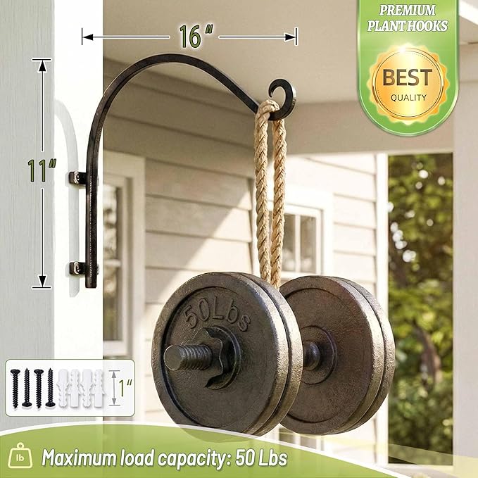 Lifyzoon Heavy Duty Hanging Plant Bracket: 50lbs Weight Capacity - Black Metal Plant Hangers for Outside, 16 Inch Outdoor Wall Hooks for Large Bird Feeder, Lanterns, Wind Chimes, Flower Baskets