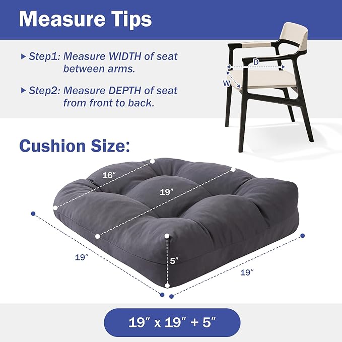 IPYNBAP Outdoor Chair Cushions Set of 2, Patio Chair Cushions with Ties,19x19+5” Tufted Outdoor Seat Cushions, Waterproof Patio Furniture Cushions, Outdoor Dining Chair Pads, Dark Grey (Pack of 2)