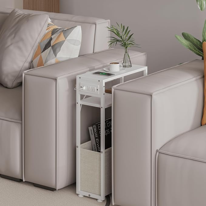 Leomonio White Side Table with Charging Station, Slim End Tables with Linen Basket, Skinny Table for Small Spaces, Thin Bedside Table for Living Room, Bedroom