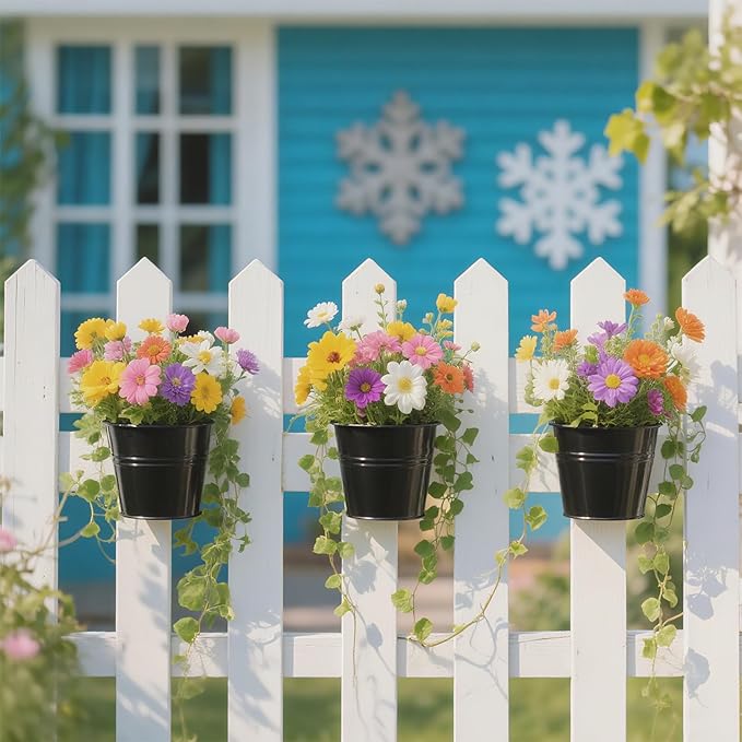 10 Pack Hanging Flower Pots, Metal Iron Bucket Planter, 4 Inches Railing Planter, Hanging Planters Flower Holder with Detachable Hook for Railing Fence Balcony Garden Home Decoration (Black)