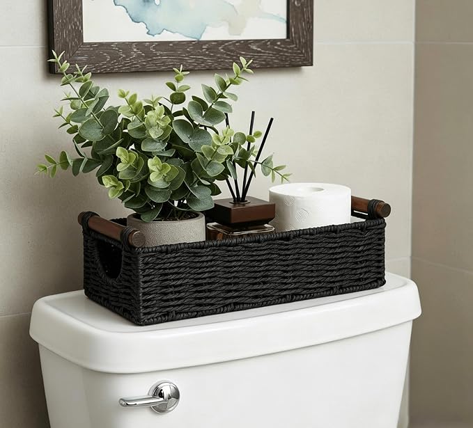 CubesLand Small Wicker Toilet Basket Tray Organizer W/Cut Out Handle | Handwoven Slim Decorative Basket for Countertop, Shelves And for Rustic Home Decor, Living Room, Nursery Organization, Black