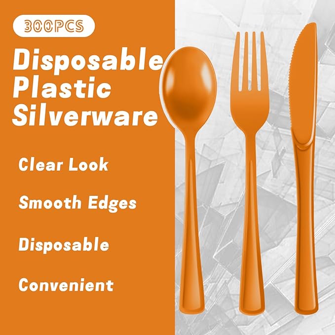 Plastic Silverware 300 PCS Disposable Silverware Heavy Duty Utensil Sets 100 Of Each Forks Knives & Spoons Disposable Cutlery Set For Easter,Birthday,Baby Shower,Garden Party,Wedding(300,Orange)