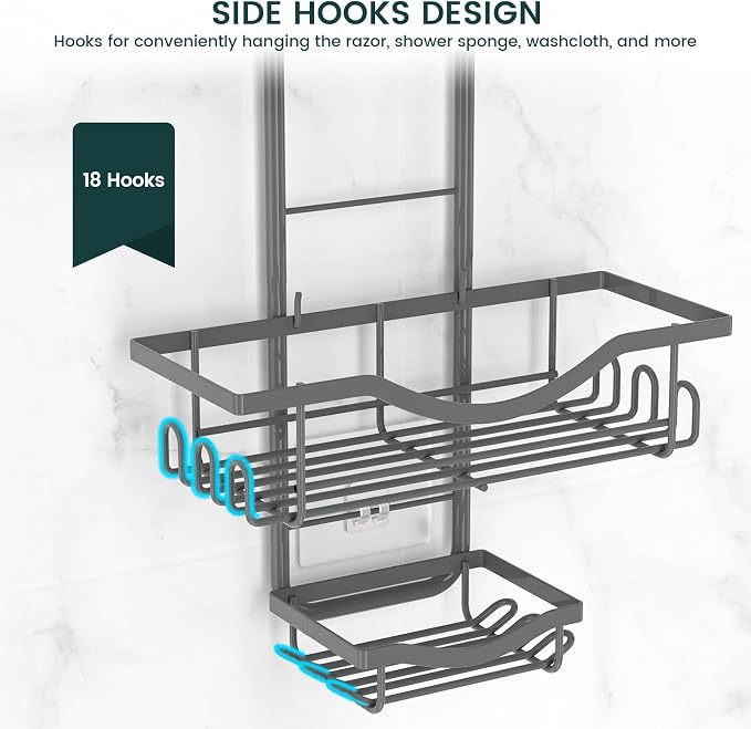 REINHARDT Adjustable Shower Caddy Hanging Rustproof Shower Organizer, Grey | Shower Caddy Over Showerhead, Extra Long, No Drilling, Anti-Slip, Fast Draining, Soap Holder, 12 Hooks, Bathroom Accessories
