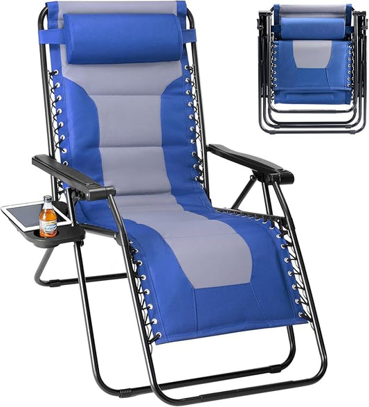 Sweetcrispy Zero Gravity Chairs, Foldable Patio Reclining Chairs with Adjustable Pillow & Cup Holder, Oversized Portable Support 400 lbs, for Backyard Camping(Blue-Gray)