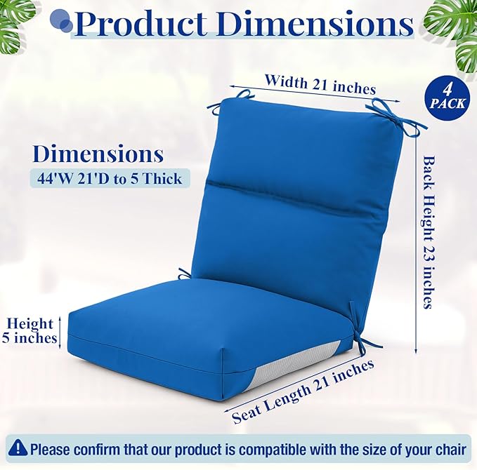 Geelin 4 Pack Outdoor/Indoor High-Back Chair Cushions 44×21 in, Stuffed Tufted Replacement Patio Chair Cushions with Ties Weather Resistant Pads for Patio Furniture (Blue)