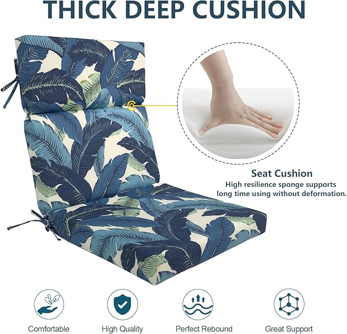 DYTXIII Outdoor High Back Chair Cushions Set of 2, 44"x22" Water Repellent Patio Seat Cushions with Elastic Sponge, All Weather Chair Pads for Rocking, Dining, Patio Furniture - Swaying Palms Blue