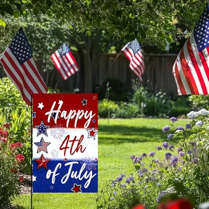 Happy 4th of July Fireworks Star Garden Flag 12x18 Double Sided, Small Burlap Holiday Independence Day Memorial Day Patriotic Yard Flags for Outside Fourth of July Decoration Outdoor Garden Décor