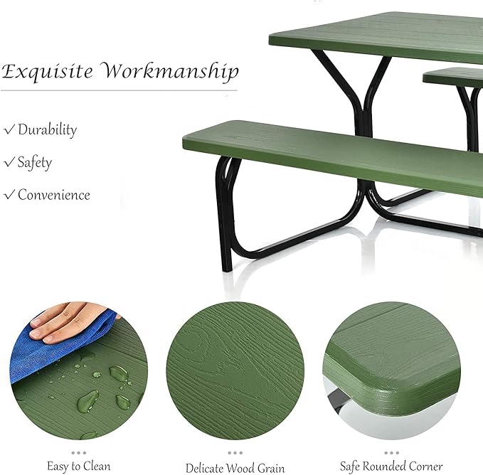 Hysache Picnic Table Bench Set, Patio All Weather Metal Base Camping Table Set w/Wood Texture Tabletop, Steel Frame, Large Camping Picnic Tables for Backyard Poolside Garden Patio Lawn (Green)