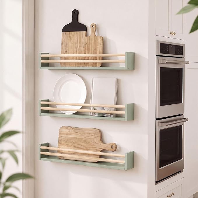 3 Sets Plate Shelf for Wall 25 inches Plate Hangers Display with Rails Wall Mounted Shelf Rack Decorative Wooden Stand Rustic Spice Rack for Kitchen Seasoning Organization(Sage Green)