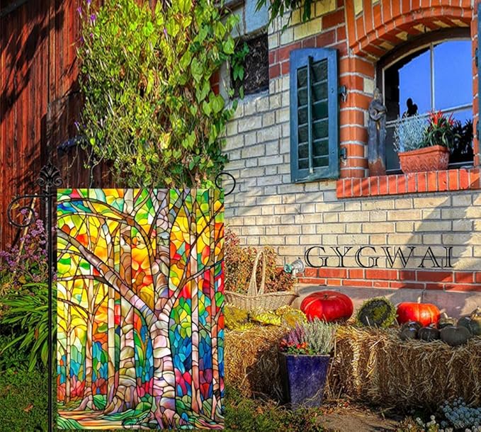 Fall Trees Garden Flag Glass Style 12x18 Inch Double Sided Small Burlap Autumn Seasonal Holiday Decoration for Outside Yard