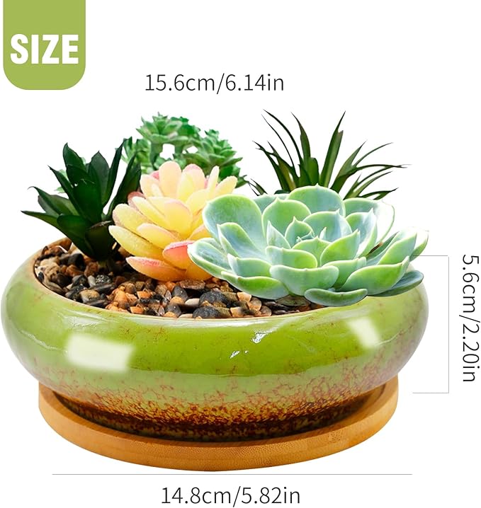 7.4 inch Ceramic Bonsai Pots with Trays Shallow Planters, Succulent Planters with Drainage Hole, Round Large Shallow Pots, Bonsai Pots Garden Decorative Cactus Stand Flower Container (Green)