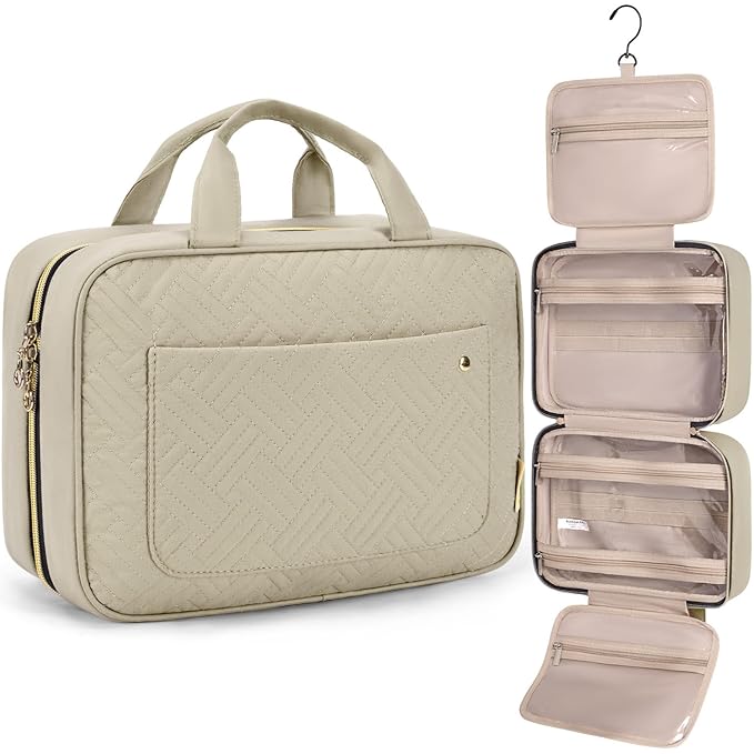 BAGSMART Toiletry Bag Travel Bag with Hanging Hook, Water-resistant Makeup Cosmetic Bag Travel Organizer for Accessories, Shampoo, Full-size Container, Toiletries (Camel, Large)