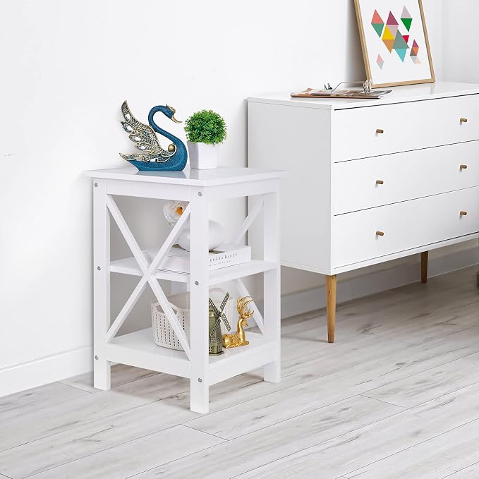 ZenStyle Set of 2 End Table 3-Tier X-Design Side Table with Storage Shelves Sofa Side Table Storage Organizer Display for Bedroom, Living Room, Office, Nursery Room, White