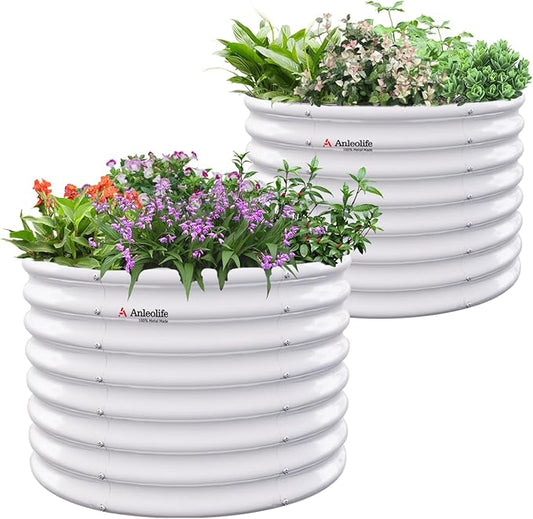 A ANLEOLIFE 2-Pack 3ft x 24” Tall Galvanized Raised Garden Beds Outdoor, Round Metal Planter Box for Planting Vegetables Flowers Herb, Anti-Rust & Easy-Setup, Antique White