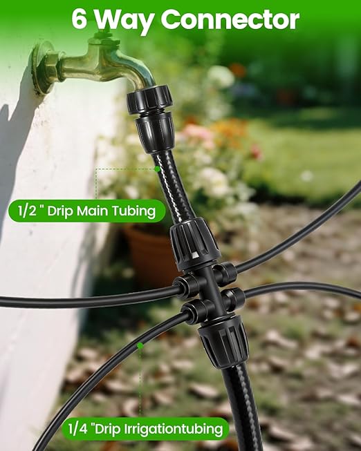 6 Pack Drip Irrigation Parts, Quick Connect 6-Way Fittings, 1/2" to 1/4" Tubing Splitter for Garden & Farm Irrigation System