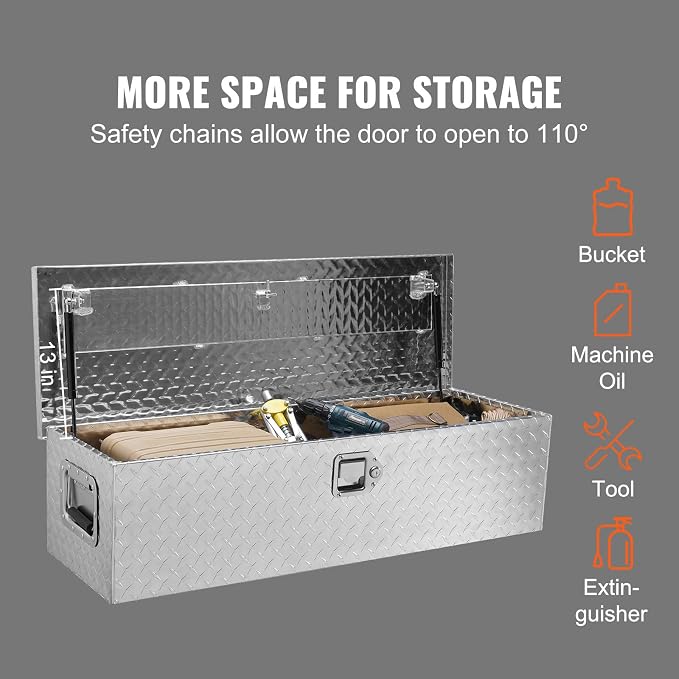 VEVOR Heavy Duty Aluminum Truck Bed Tool Box, Diamond Plate Tool Box with Side Handle and Lock Keys, Storage Tool Box Chest Box Organizer for Pickup, Truck Bed, RV, Trailer, 39"x13"x10", Silver