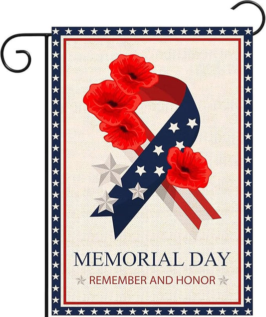 Memorial Day Garden Flag 12x18 Inch Double Sided Outside Remember and Honor Patriotic Flag for Stars and Stripes Ribbon Poppy for Veteran 4th of July Independence Day Yard Outdoor Decoration