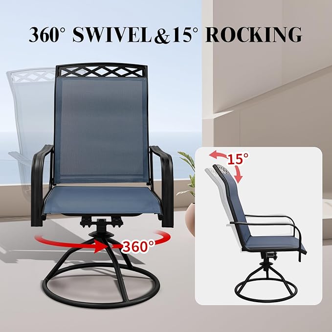 SHGJ&SOFT Patio Swivel Chairs, Waterproof Outdoor Dining Chairs with All-Weather Textilene Mesh for Deck, Garden, and Backyard (Patterned Backrest-Blue, Set of 2)