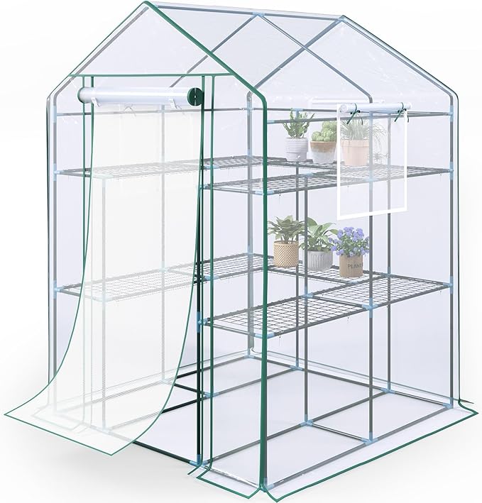 KING BIRD Premium Greenhouse for Outdoors, 56x56x77 Upgraded PVC Cover & Heavy Duty Steel Frame Walk-in Portable Green House for Outside Garden, Screen Windows & Mesh Door, 3 Tiers 10 Shelves, Clear