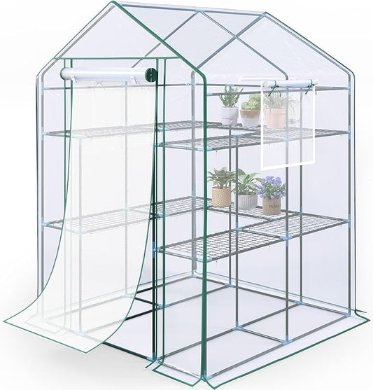 KING BIRD Premium Greenhouse for Outdoors, 56x56x77 Upgraded PVC Cover & Heavy Duty Steel Frame Walk-in Portable Green House for Outside Garden, Screen Windows & Mesh Door, 3 Tiers 10 Shelves, Clear