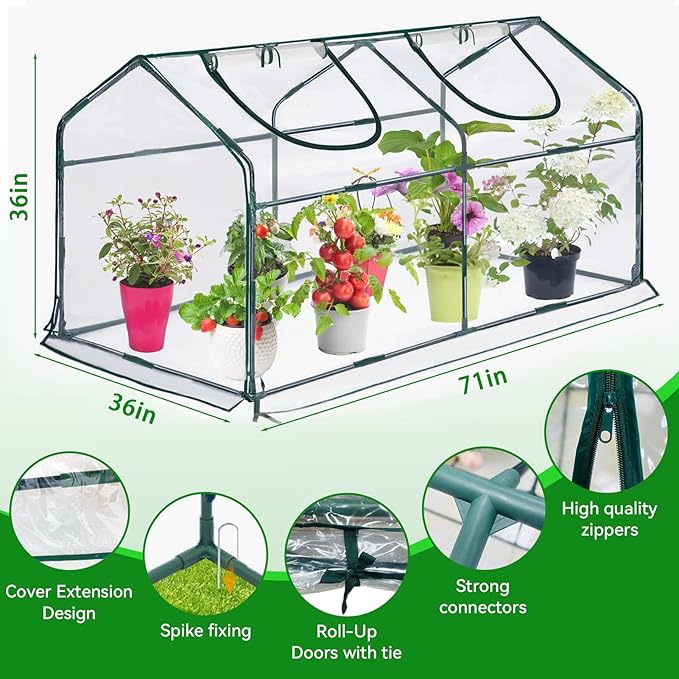 Mini Greenhouse for Outdoor,Portable Small Tunnel Greenhouses for Outdoors with Roll up Zipper Door for Gardening Plant,UV Waterproof Cover with 8 Ground Stakes (Clear, 71" x 36" x 36")