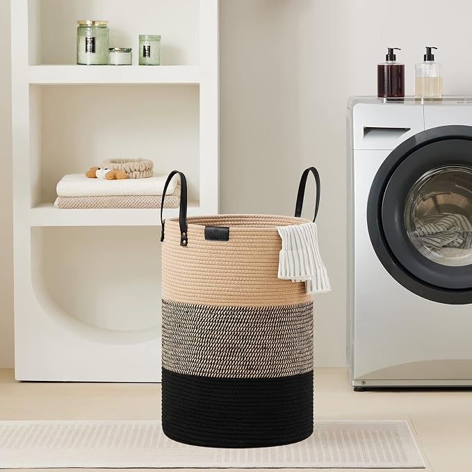 VIPOSCO 72L Tall Woven Rope Laundry Hamper, Leather Handles, Brown & Black | Large Wicker Laundry Basket for Dirty Clothes, Blanket, Toy, Towel, Yoga Mat, Storage Bin in Bedroom, Bathroom, Living Room