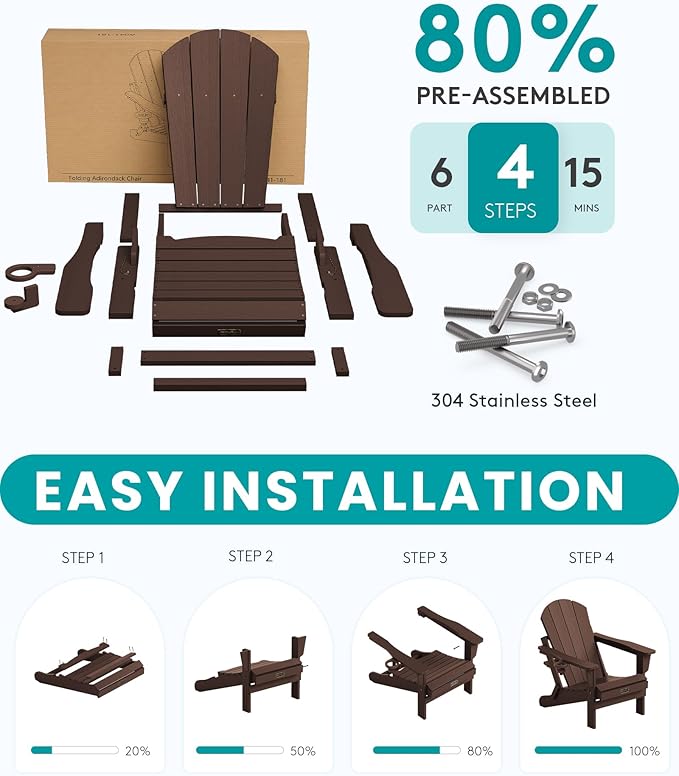 SERWALL Folding Adirondack Chair Set of 6, Weather Resistant HIPS Lawn Chairs with Cup Holder for Backyard, Garden (Folding Coffee)