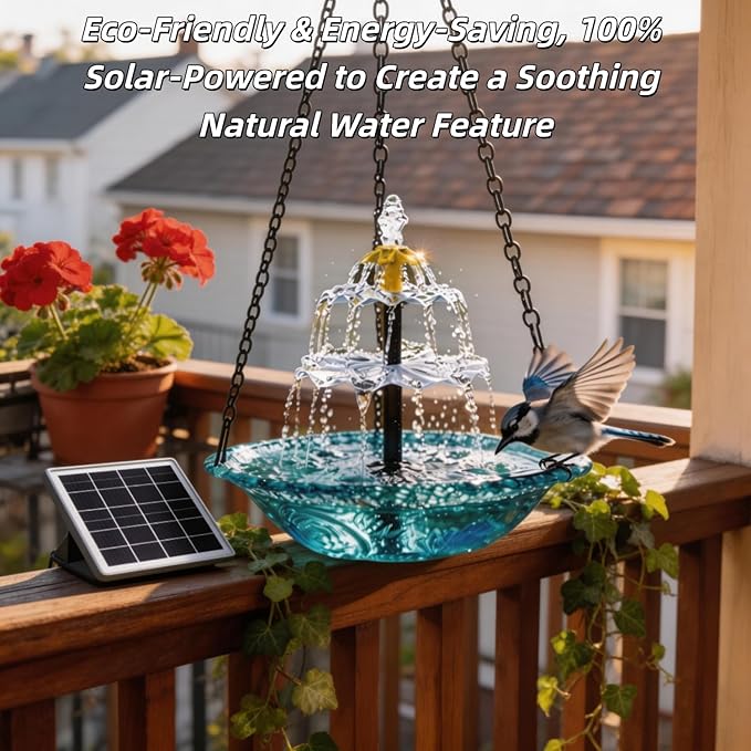 2026 New Solar Cascade Hanging Bird Bath Fountain – Outdoor Bowl Bird Bath with Solar Pump, Large Hanging Fountain for Hummingbirds, Gardens, Patio & Backyard